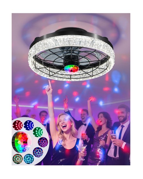 Disco Ceiling Fans with Lights,7 Color Disco Ball Modes, Flush Mount Low Profile Ceiling Fan with Light and Remote Control Dimmable 3 Color Reversible Motor 6 Speeds for Bedroom Living Room Party