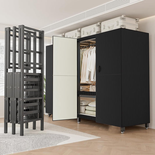FPIGSHS Heavy Duty Clothes Rack with Magnetic Door 2000LBS Foldable Portable Wardrobe Closet for Hanging Clothing Rolling Garment Rack on Wheels for Bedroom Closet System (A（Black Door）, 49.2in)