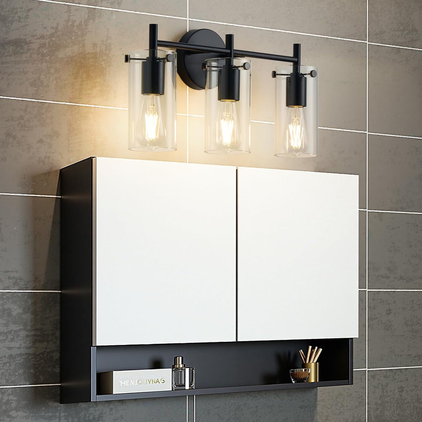 Indoi Bathroom Light Fixtures, 3-Light Matte Black Vanity Light, Black Bathroom Lights Over Mirror with Clear Glass Shade, Wall Sconces for Mirror Bedroom Living Room Hallway