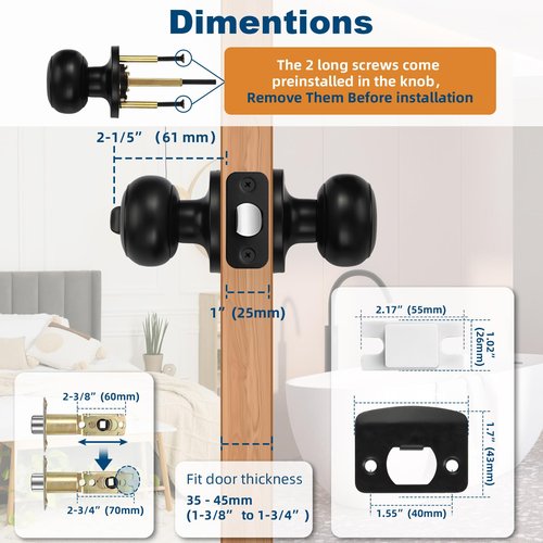 Estmoon 6 Pack Door Knobs, Matte Black Privacy Door Knob with Lock, Keyless Door Handle with Lock for Bedrooms/Bathrooms