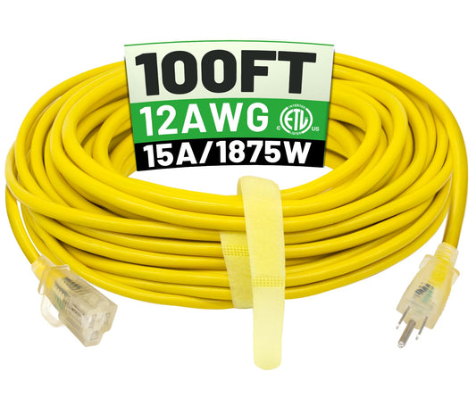 POWGRN 100 ft 12/3 Outdoor Extension Cord Waterproof Heavy Duty with Lighted Indicator End 12 Gauge 3 Prong, Flexible Cold-Resistant Long Power Cord Outside, 15Amp 1875W SJTW Yellow ETL Listed
