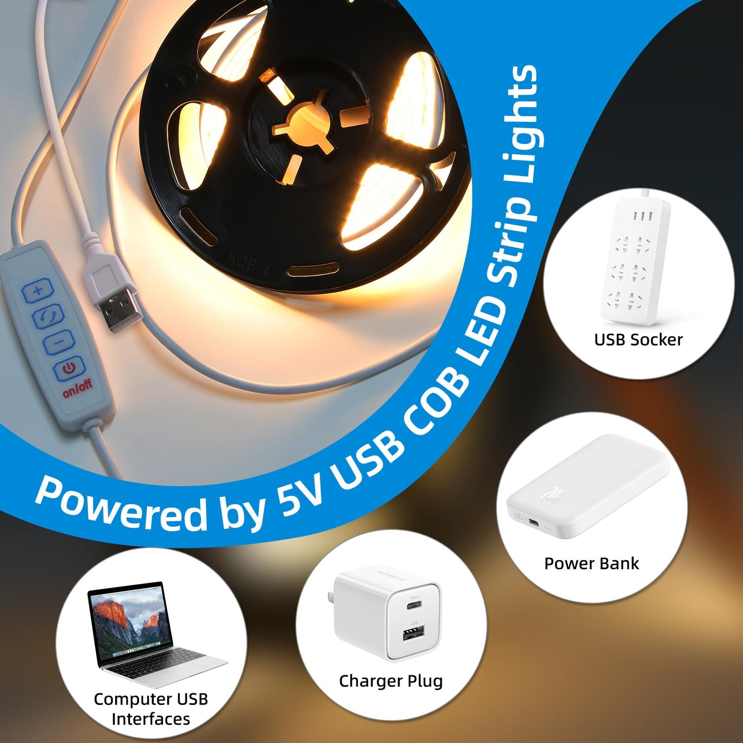 COB LED Strip Lights 5V USB 3.28ft/1m 640LEDs Dimmable LED Lights 6000K White 10W Flexible LED Light Strips Under Cabinet Tape Lights for Bedroom Kitchen DIY Lighting Room Decor TV Backlight