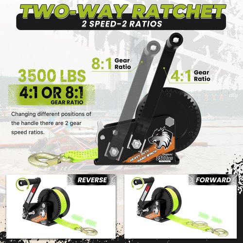 Truqual 3500LB Boat Trailer Winch, Heavy-Duty Trailer Winch with 33-ft Green Strap. Features 2-Speed Ratchet 4:1/8:1, Ideal for Loading Boats, Trucks,Jet Skis, RVs & ATVs