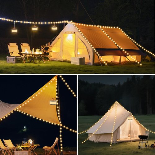 Phylosal Camping String Lights, 3 in 1 Outdoor Camping Light with 6 Lighting Modes, Quick Storage 32.8FT Rechargeable Tent Lantern, Portable LED Hanging Light for Outdoor Patio Awning Garden Party