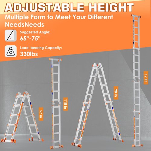 LEVELEVE 17FT Multi Position Ladder,A Frame 5 Step Ladder with Stabilizer Bar & Wheels,330 lbs Security Load Extension Ladder for Stairs Home Indoor Outdoor Roof
