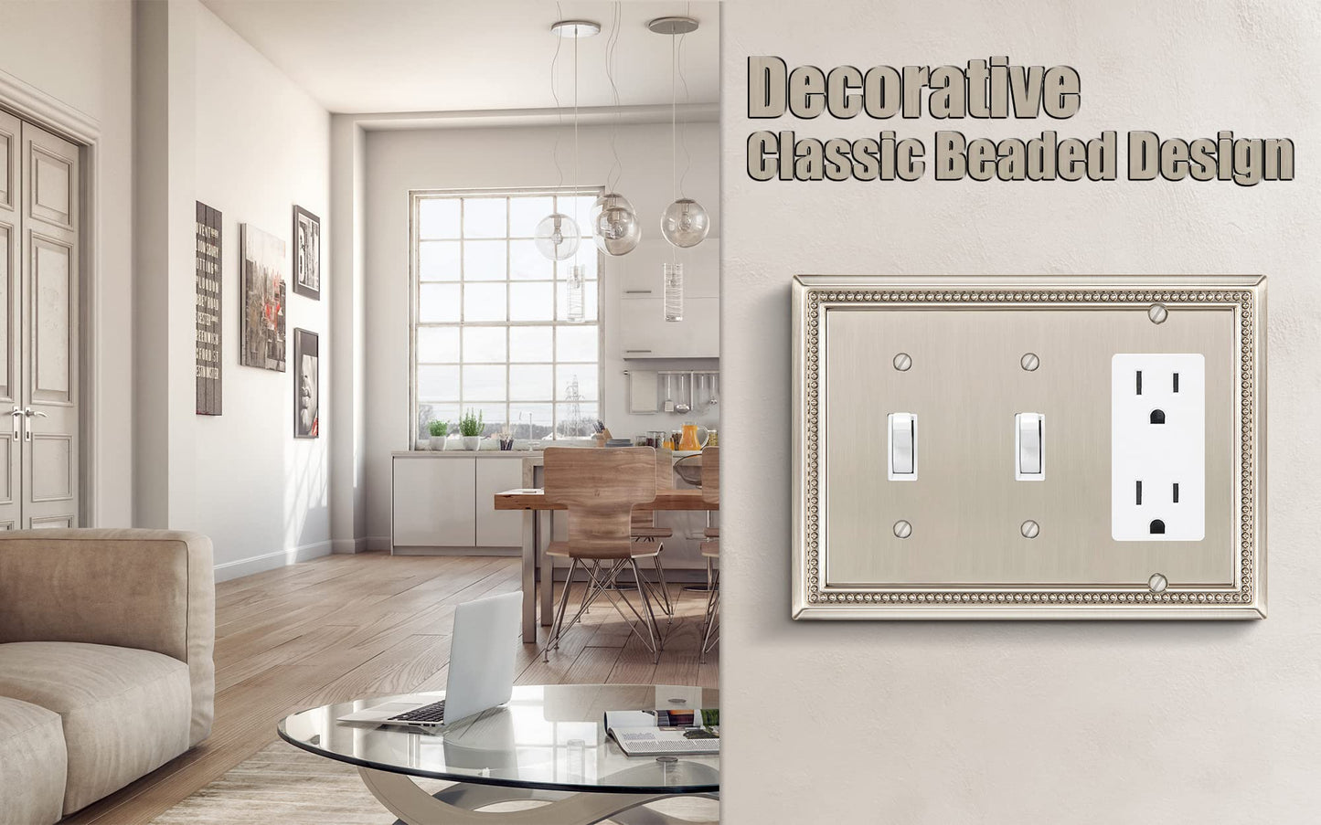 Henne Bery Sunken Pearls Heavy Duty Decorative Wall Plate Switch Plate Outlet Cover (Double Toggle/Single Decorator, Satin Nickel)