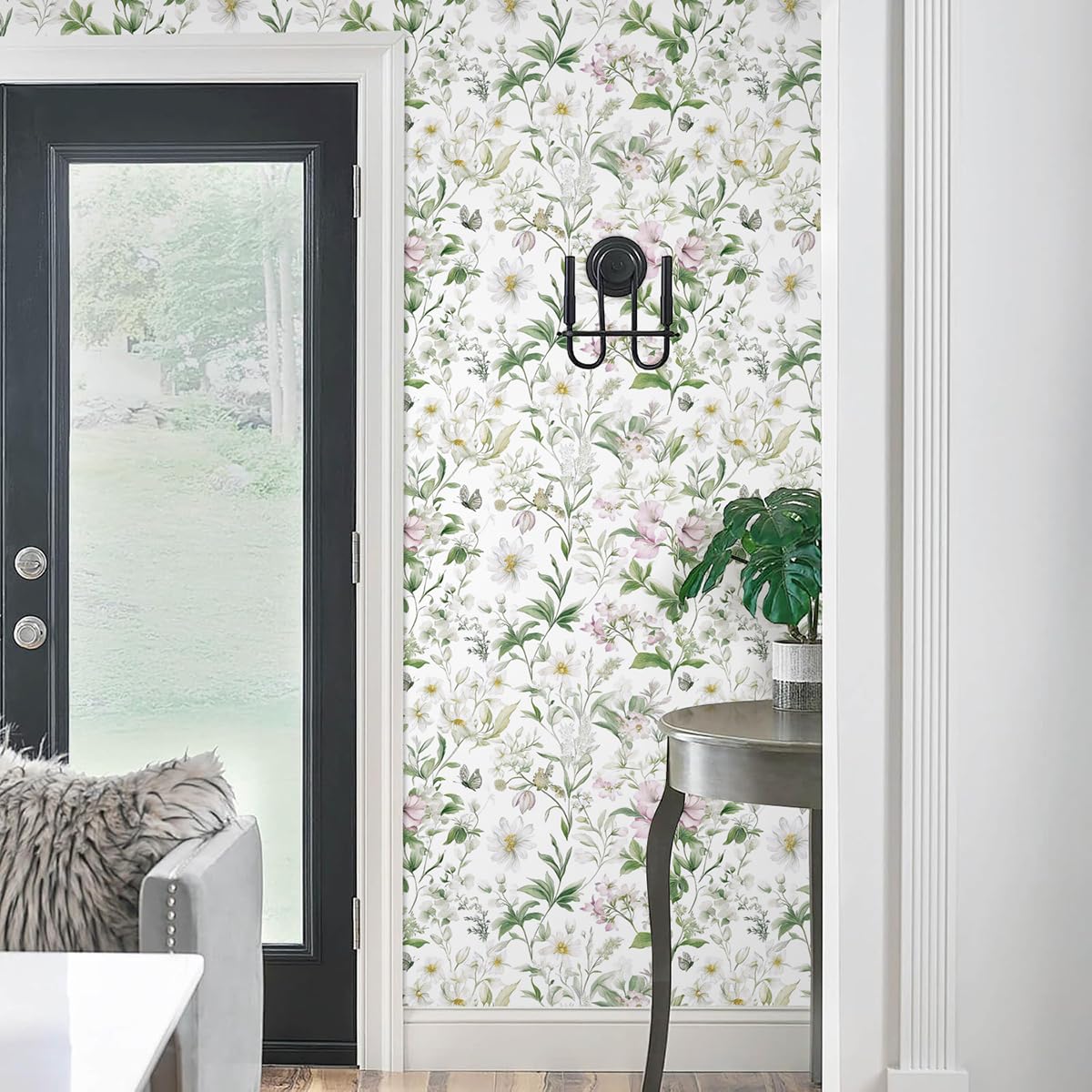 Livebor Floral Peel and Stick Wallpaper Floral Boho Contact Paper 16.9" x 118.1" Green Leaf Flower Wallpaper Peel and Stick Butterfly Botanical Self Adhesive Wall Paper for Bathroom Cabinets Vinyl