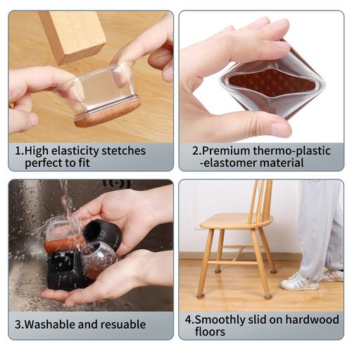 Ezprotekt 24 Pcs XL Square Clear Chair Leg Floor Protectors, Silicone Felt Furniture Pads Caps for Hardwood Floor, Dining Table Bar Stool Leg Protectors Leg Cups Covers (XL Fit: 1.5"-2")
