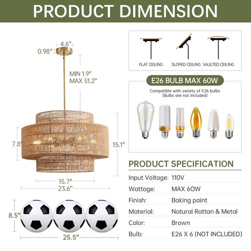 InterMaka 24” Boho Large Rattan Chandelier Light Fixture,6-Light Large Hand Woven Pendant Light Fixture Farmhouse Rustic Chandeliers for Kitchen Bedroom, Dining Room, Living Room, Hallway, Foyer