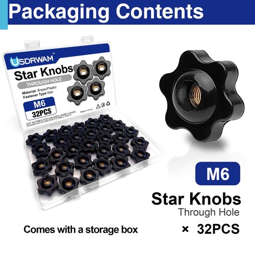 Usdrwam 20 Pcs M6 Knob 6 Star Knobs Female Threaded Hexagon Head Black Nylon Screw-On Type Thru Knob Clamping Knobs Jig Knobs T Track Bolts