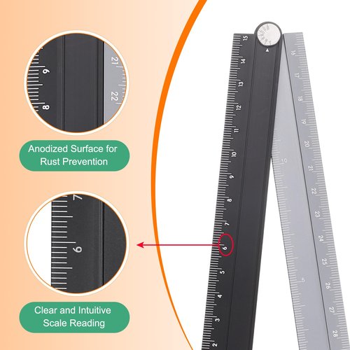 Generic Folding Straight Ruler 30cm Metric Aluminum Alloy Protractor Foldable Angle Ruler Geometric Measuring Tool with Angle Line for Architects Artists Office, Black Silver Tone