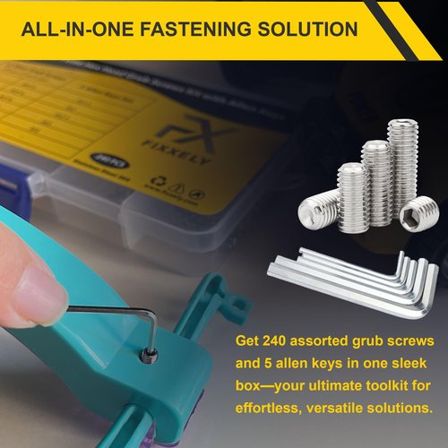 FIXXELY Set Screws Assortment Kit (M3, M4, M5, M6, M8) with Allen Keys – Durable 240 Pcs Metric Cup Point 304 Stainless Steel for Bathroom Fixtures, Door Knobs, Faucets, Plumbing, and More