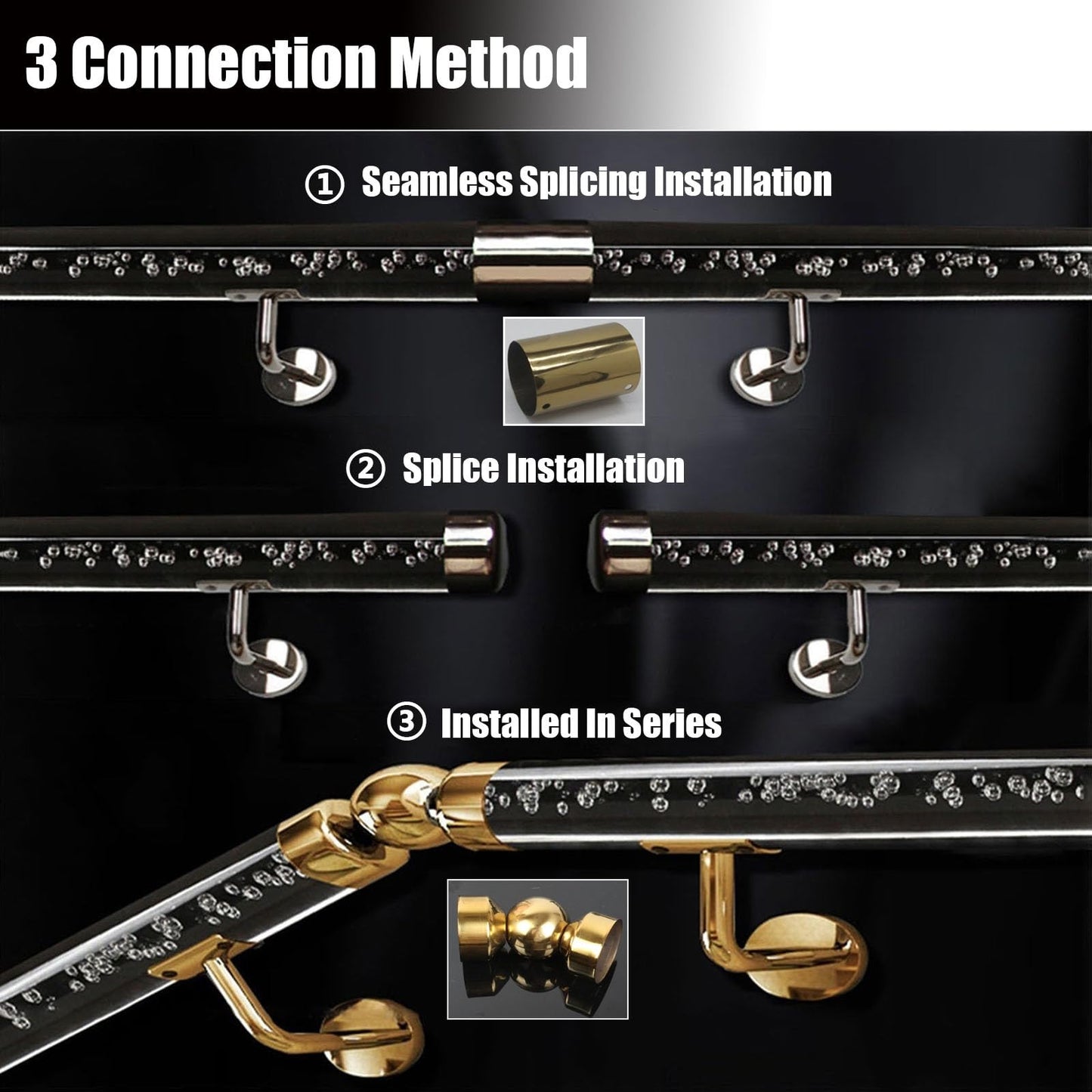 Clear Acrylic Handrails for Indoor Stairs - 3ft/4ft/5ft/6ft/8ft/10ft/12ft/14ft/20ft Non-Slip Transparent Crystal Staircase Handrail(Gold Bracket,250cm(8.2ft))