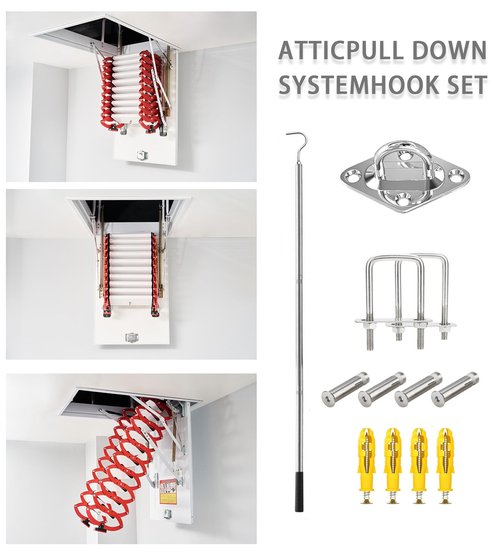 Attic Pull Down Hook System Kit, Heavy Duty Ladder Hook Door Stairs Puller Rod Pole with 3 Handles, Replacement for Ropes Cord String