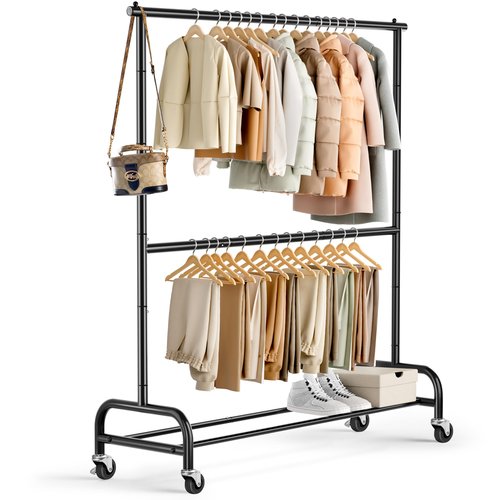 MISSLO Heavy Duty Clothing Racks for Hanging Clothes Rack Double Rod Garment Rack Rolling Closet Wardrobe Rack on Wheels, Metal, Adjustable, Black