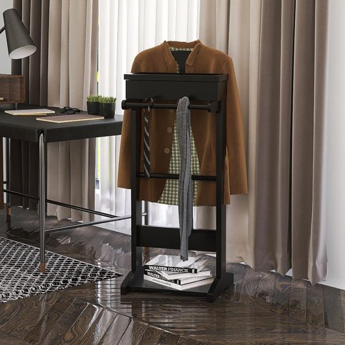 RELAHOGAR Wooden Valet Stand for Men, Clothing Valet Stand with Tray Organizer, shoe shelf and Hanging Suit, Freestanding Portable Coat Rack for Entryway, Bedroom, Office