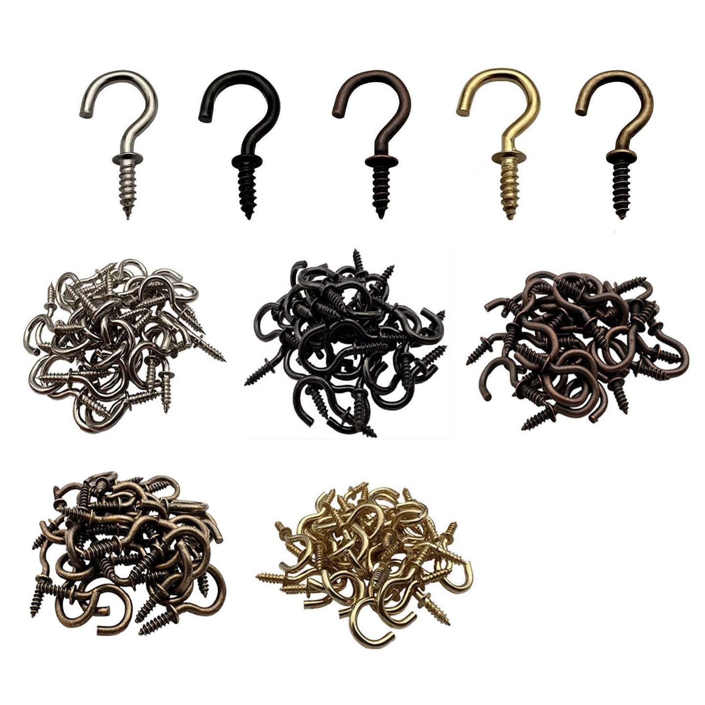 IDEALSV 160 Pcs Small Screw Hooks, 5/8 Inch Metal Twist in Hook, Christmas Lights Patio Hanging Jewelry Hooks 5 Colors (Gold,Bronze,Black,Antique Copper,Silver)