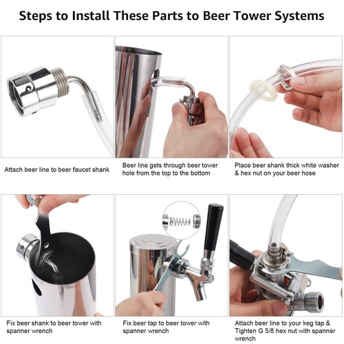 MRbrew Beer Line Shank Faucet Kit, Stainless Core Self-Closing Beer Tap with 3/16'' liquid hose & 1/4" Barb, Kegerator Tower Replacement Set for Draft Beer Dispenser - Include Tap Wrench & Hose Clamps