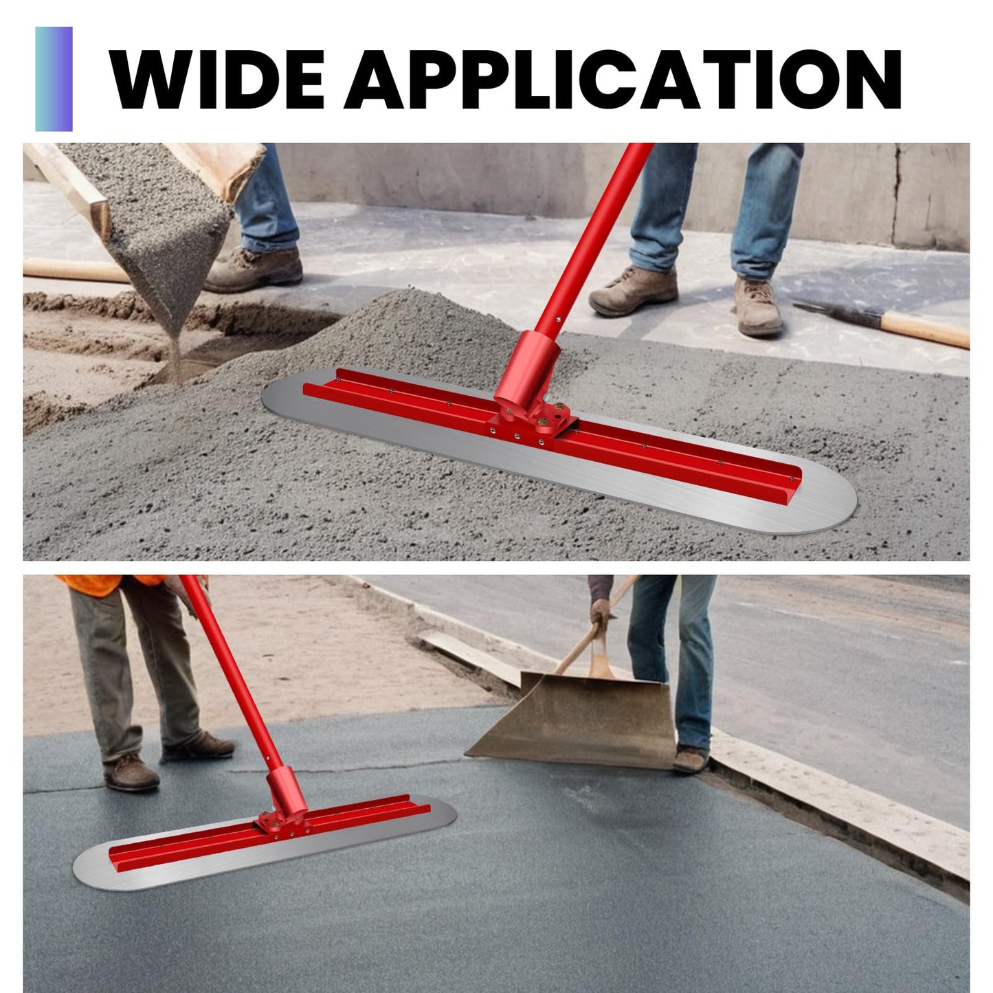 48"x 12"Fresno Concrete Trowel, Bull Float Concrete Tools Round End Stainless Steel Trowel Board with 4 Handles and All-Angle Bracket