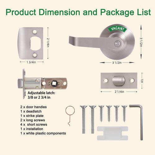 Euvovito Brushed Nickel Commercial Door Handle, ANSi Grade2, Vacant Occupied Bathroom Door Handle Lock, Commercial Privacy Lever Door Handles with Occupancy Indicator