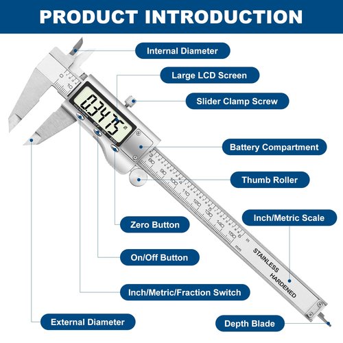 QDXMD Digital Caliper Measuring Tool, 6 Inch Stainless Steel Vernier Caliper Digital Micrometer with Large LCD Screen, Auto-Off Feature, Easy Switch from Inch to Millimeter