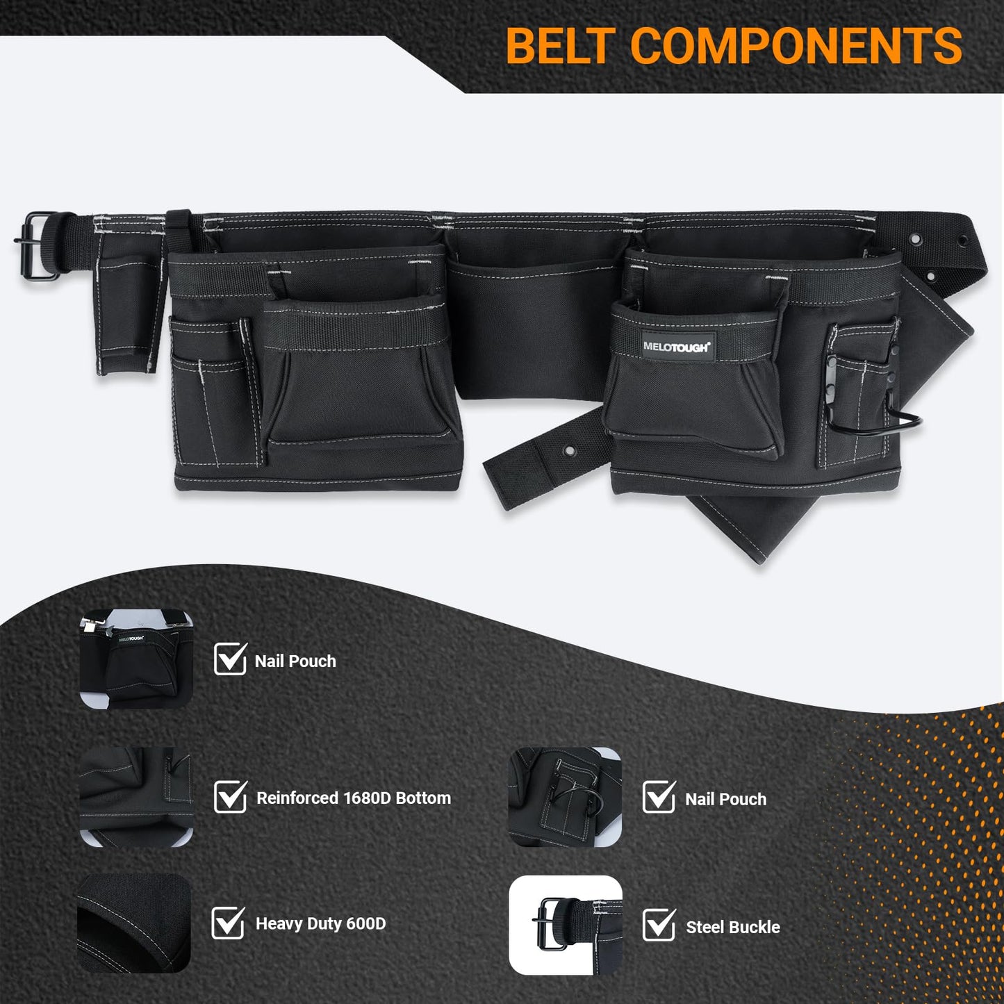 MELOTOUGH 14-Pocket Tool Belt Combo with Pouches for Electrician & Carpenter, Heavy Duty Adjustable Work Utility Belt for Men, Industrial-Grade Tool Rig Organizer, Work Apron（Black）