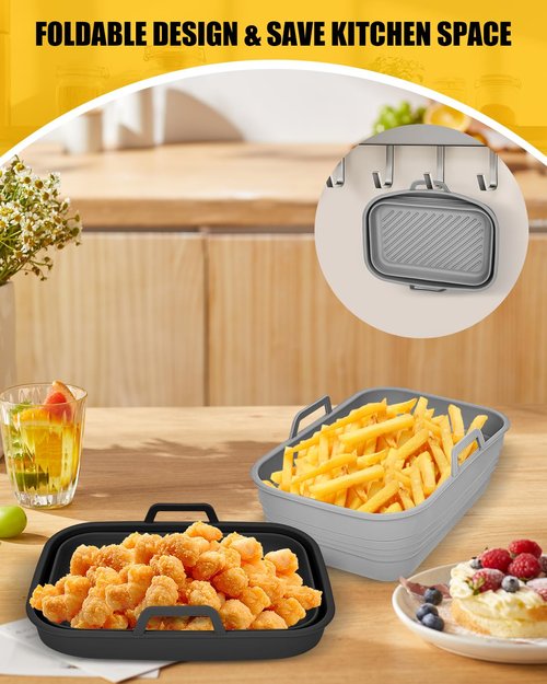 Collapsible Air Fryer Silicone Liners 2-Pack for Bella 4Qt Slim Air Fryer(3.3lb Capacity), Reusable Airfryer Silicone Pot Rectangle, Non-stick Baking Basket Insert for Air Frier Accessories,Gray+Black