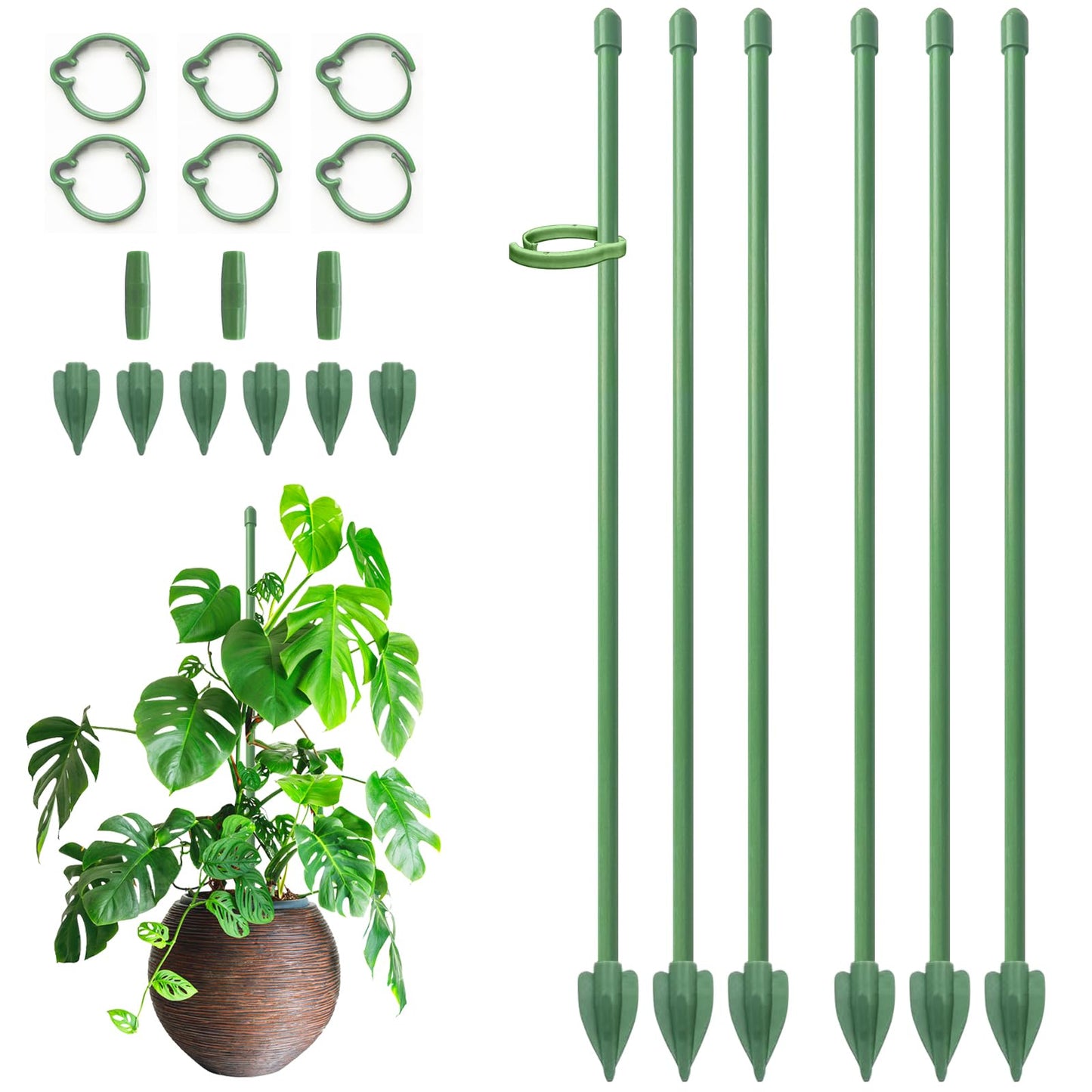 RIFNY Plant Stakes for Indoor Plants, 14 Inch Plant Support Stakes with Clips, Tall Adjustable Plant Sticks for Indoor Monstera Tomato Orchid Potted Plants Flower (6 PCS, Green)