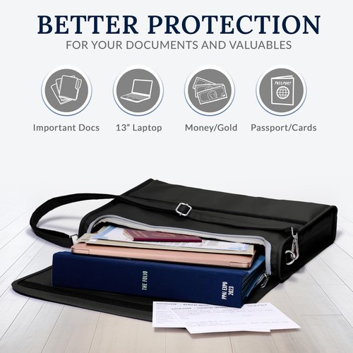The PaperSavor ™ Fireproof Document Bag - Waterproof & Flame Retardant Bag for Documents, Cash, & Essentials - Stylish with Wide Strap, Secure Closure, Interior Organization - Large, Black