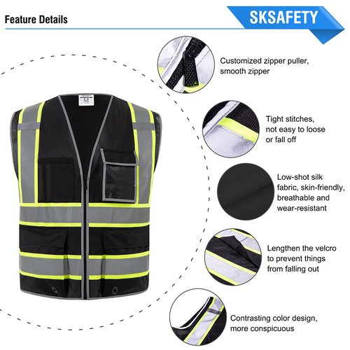 SKSAFETY 10 Pockets Safety Vest, Class 2 High Visibility Security with Zipper, Hi Vis Vest with Reflective Strips, ANSI/ISEA Standard, Construction Work Vest for Men ＆ Women （Black, M）