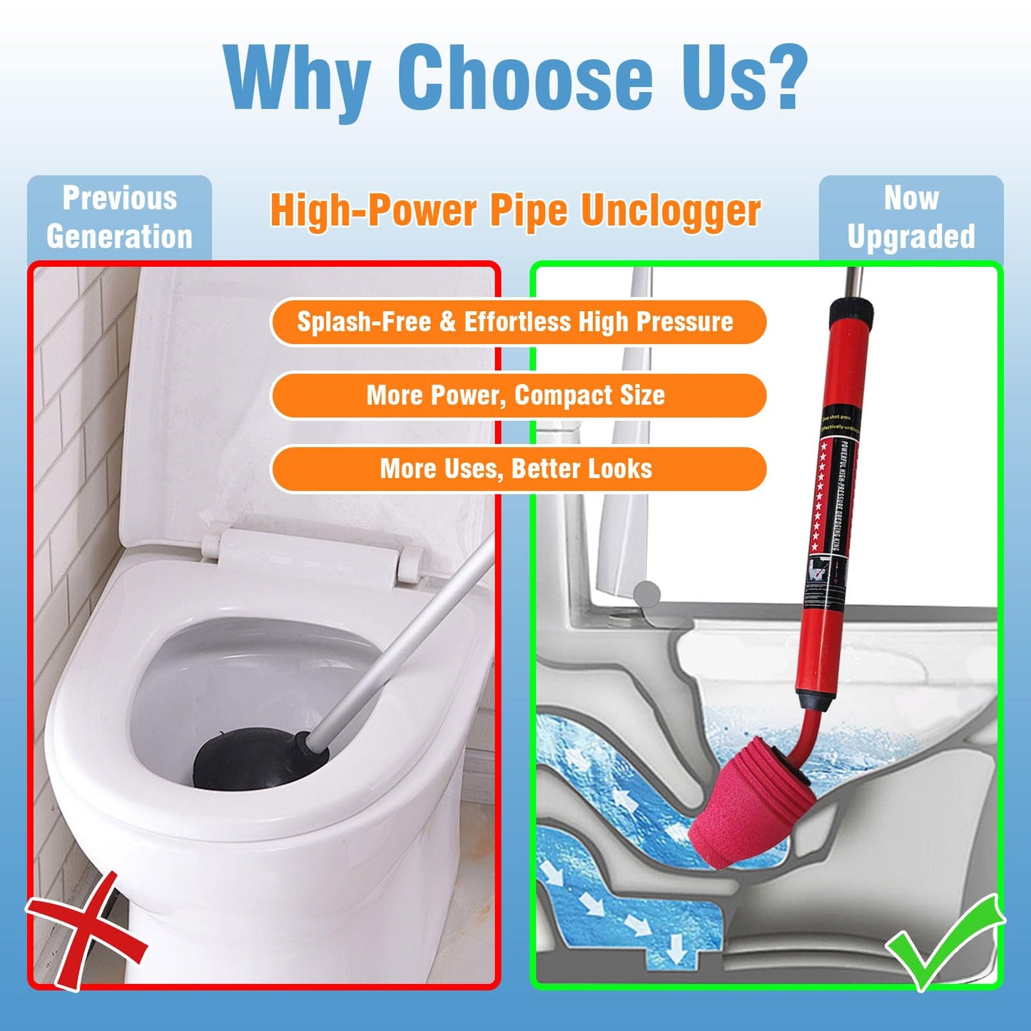 Rmticd Toilet Plunger, High-Pressure Plungers for Bathroom, Toilet Brush and Plunger Set - Powerful Air Drain Unclogger & Heavy-Duty Clog Remover for Bathroom Drains, and Clogged Pipes