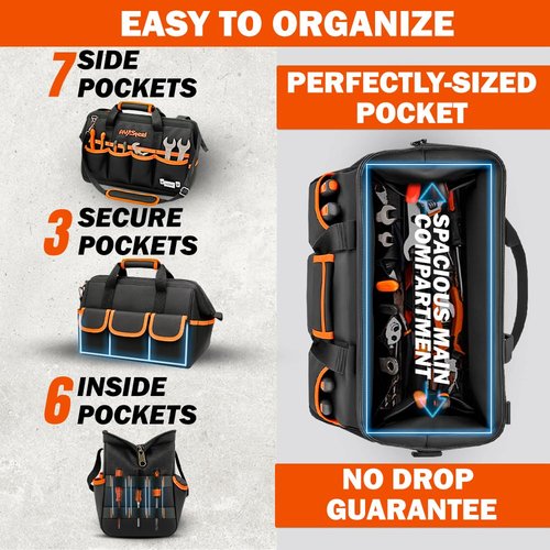 AV Steel 15 Inch Tool Bag with 16 Pockets Foldable Close Top Wide Mouth Tool Bag Organizer with Handle & Padded Adjustable Strap, Heavy Duty, Waterproof