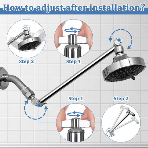 Rain Shower Head Extension 12 Inch Adjustable Rain Shower Head Extension Arm Stainless Steel Shower Head Holder G1/2 Universal Connector Compatible (Chrome Finish)