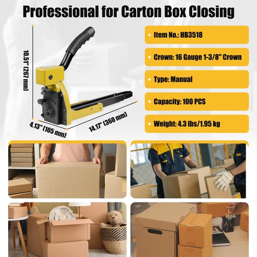 HB3518 Manual Carton Closing Stapler, 16 Gauge 1-3/8-Inch Crown, 3/4-Inch Length Carton Staples, Carton Stapler, Corrugated Carton Staple Gun for Closing Cartons Folding Boxes
