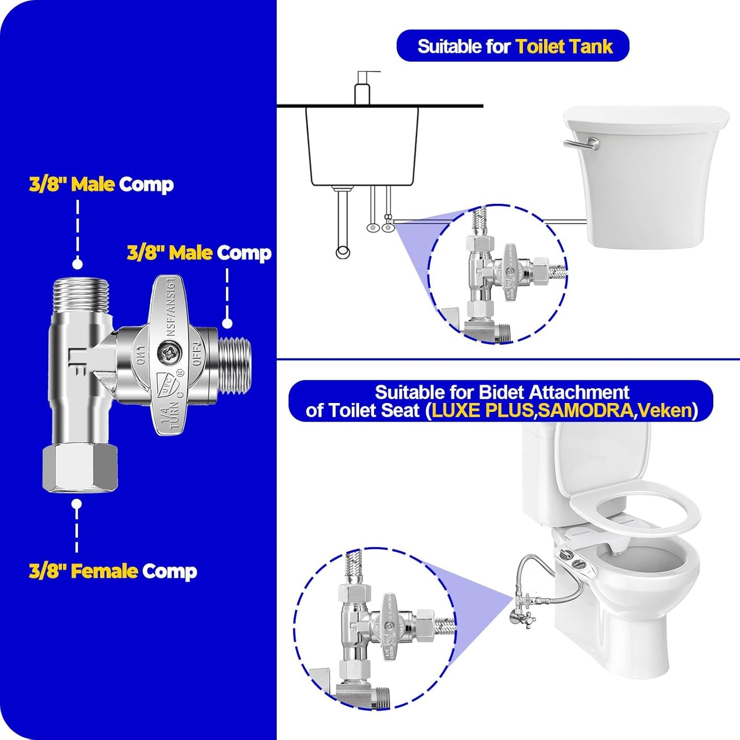 Tee Stop Valve - Lead-Free Add-A-Tee Valve 3/8 Inch x 3/8 Inch x 3/8 Inch,1/4 Turn Brass Extender Tee Connector with Built-in Sealing Gasket for Faucet,Glass Rinser,Dishwasher,Washing Machine