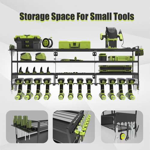 50''W Large Power Tool Organizer Wall Mount, Heavy Duty 4 Tier 12 Drill Holder Loads 600lbs, Garage Tool Organizer and Storage, Suitable Tool Rack for Workshop, Workbench