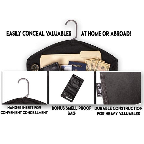 Diversion Hanger, Fireproof - Waterproof Hidden Pocket Safe Fits Under Hanging Clothes with Pocket | Secret Document Bag with Zipper, Storage Bag for Ver