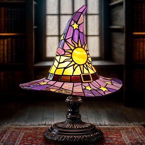Witch Hat Lamp,Handcrafted Stained Gothic Wizard Hat Lights,Small Wizard Spooky Fun,Mystical Witch Table Lamp for Indoor Party Home Dector (Pink, 11.8 in)