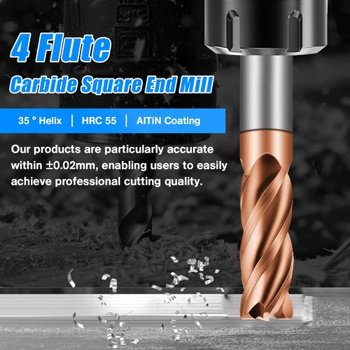 1/8" Carbide End Mills - 4 Flute Square End Mill with AlTiN Coating, HRC 55 Deg, 4T Tungsten Milling Bits for Stainless Steel, Hardened Steel, Cast Iron, Copper, Alloys & More