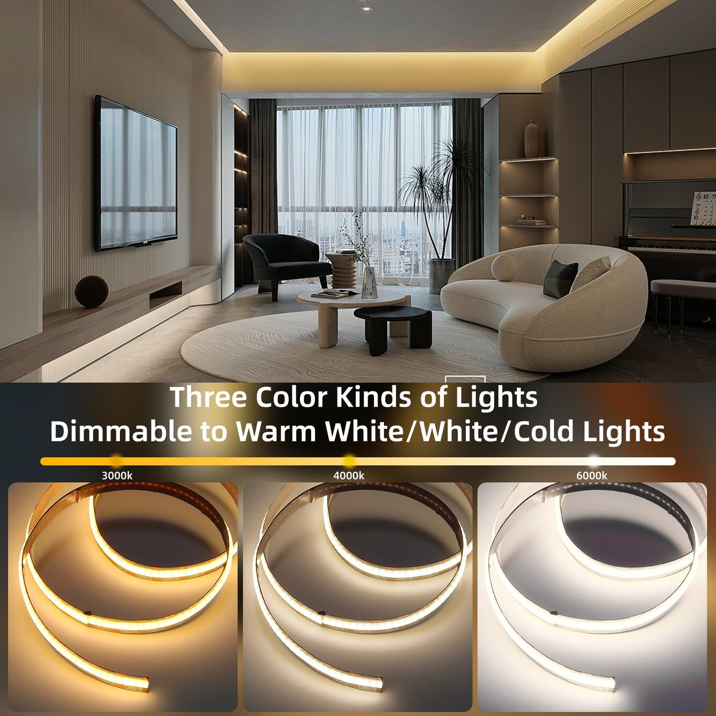 COB LED Strip Lights 5V USB 3.28ft/1m 640LEDs Dimmable LED Lights 6000K White 10W Flexible LED Light Strips Under Cabinet Tape Lights for Bedroom Kitchen DIY Lighting Room Decor TV Backlight