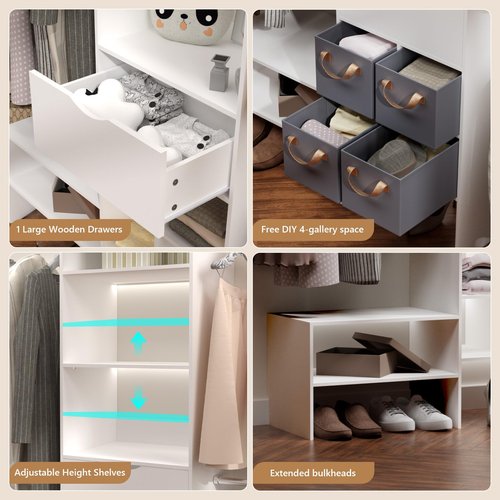 Benass Wood Closet Organizer System, Closet Organizer with 3 Hanging Rods & 1 Wooden Drawer – Adjustable Closet System for Walk-In Closets, Wood Shelves, Fits Spaces 3-8ft, Pure White