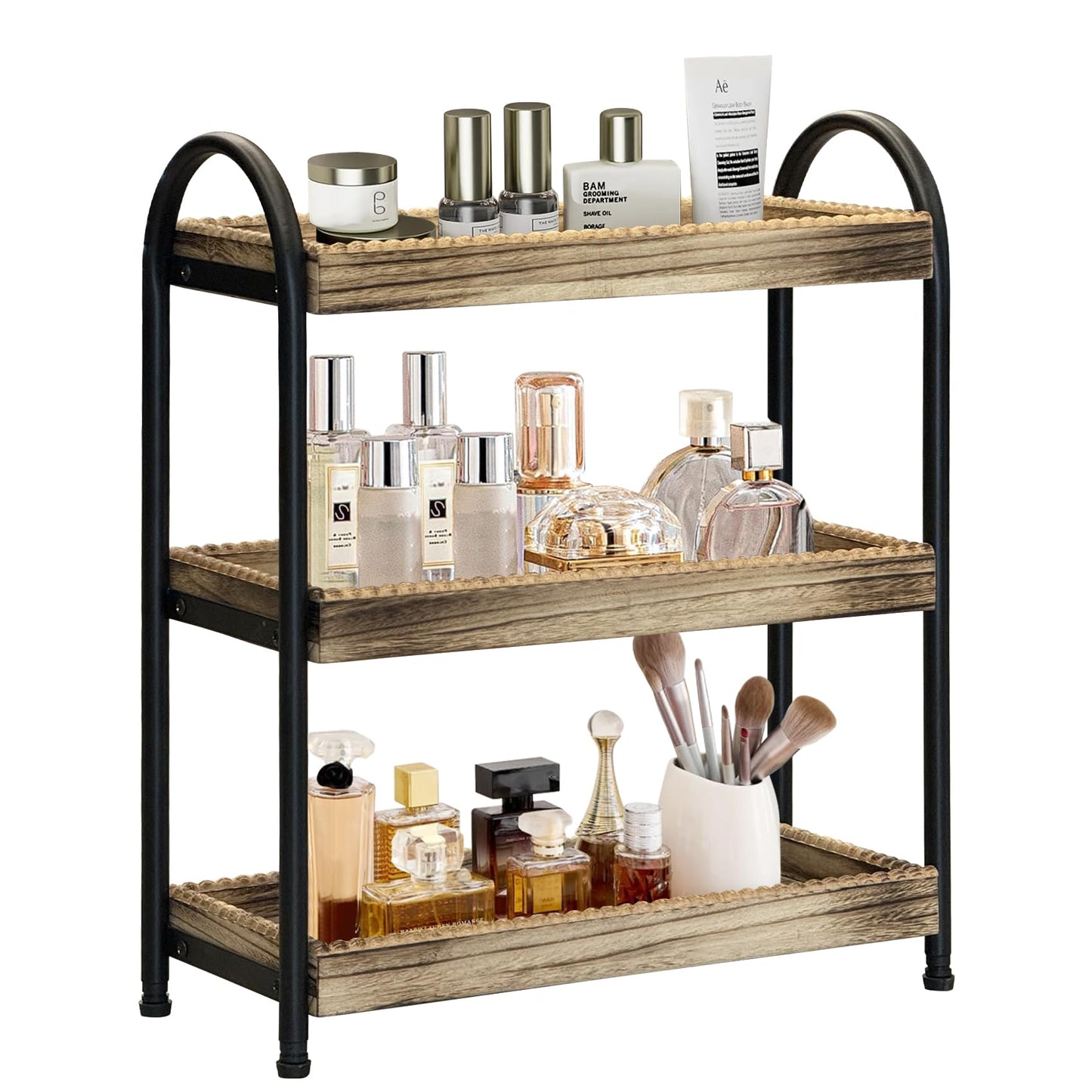 YIJUYO 2-Tier Bathroom Countertop Organizer, Wood Bead Storage Shelf, Mordern Tray, Bathroom Shelf and Decor, Vanity Tray for Living Room, Kitchen (3 Tier)