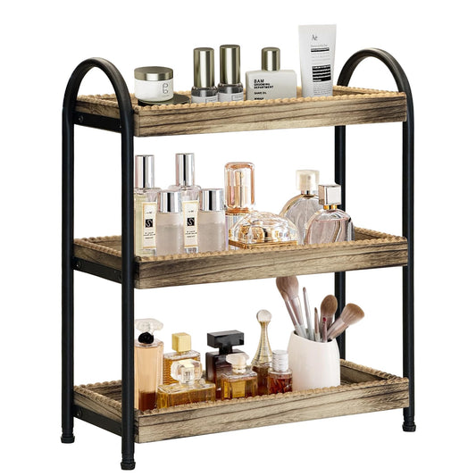 YIJUYO 2-Tier Bathroom Countertop Organizer, Wood Bead Storage Shelf, Mordern Tray, Bathroom Shelf and Decor, Vanity Tray for Living Room, Kitchen (3 Tier)