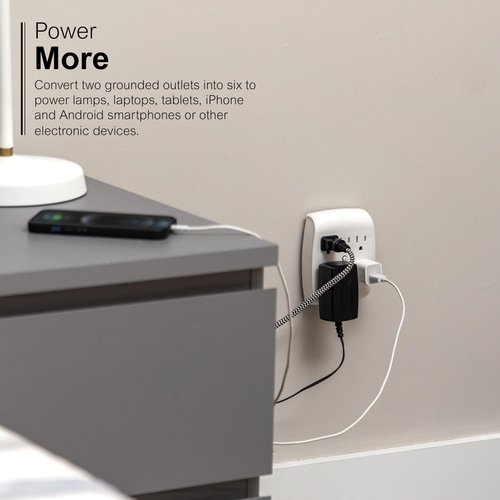 GE 6-Outlet Extender Wall Tap, Grounded Adapter, Outlet Splitter, Charging Station, 3-Prong, Secure Install, ETL Listed, White, 54947