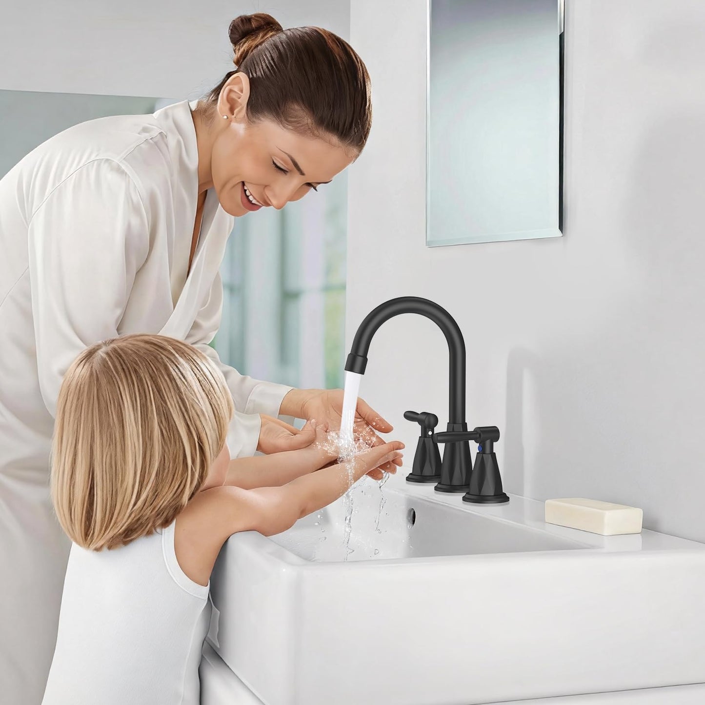Bathroom Faucets with Filter, Widespread Black Bathroom Sink Faucet for 3 Holes with Pop-up Drain Assembly, Two Handle Vanity Faucet (Contemporary)
