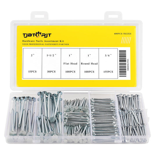 400PCS Nails for Hanging Pictures Hanging Nails for Wall Art Heavy Duty up to 2" Long, 5 Sizes Wall Nails for Hanging Small Nails Wood Nails Finish Nails Flat head Nails with Storage box