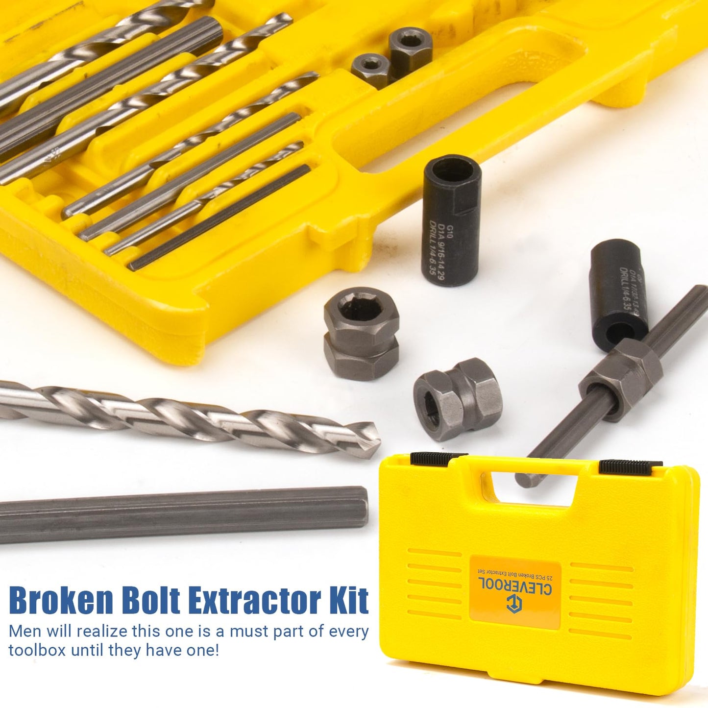 CLEVEROOL Broken Bolt Extractor, 25-Piece Drill Bit Extractor Set,Easy Out Drill Bit Guides,Drill Extractor Kit for Removing Stripped,Damaged,Rusted, Rounded-Off Bolts, Automotive Nuts & Screws
