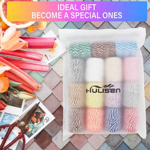 HULISEN Colorful Bakers Twine, 15 Rolls 2mm 3 Strands Cotton String for Cooking, Artworks, DIY Crafts, Plant Hanger and Embellishments, Festive Twine for Gift Wrapping (Each 164 Feet)