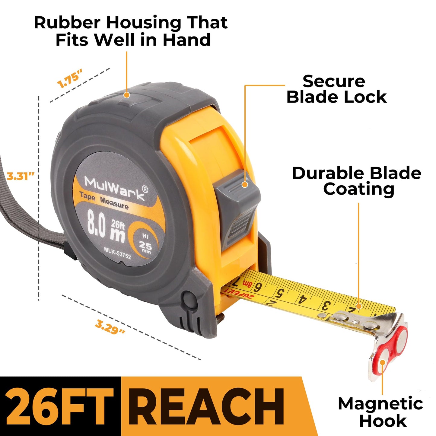 MulWark 26ft Measuring Tape Measure by Imperial Inch Metric Scale with Both-Side Metal Blade,Magnetic Tip Hook and Shock Absorbent Case-for Construction,Contractor,Carpenter,Architect,Woodworking