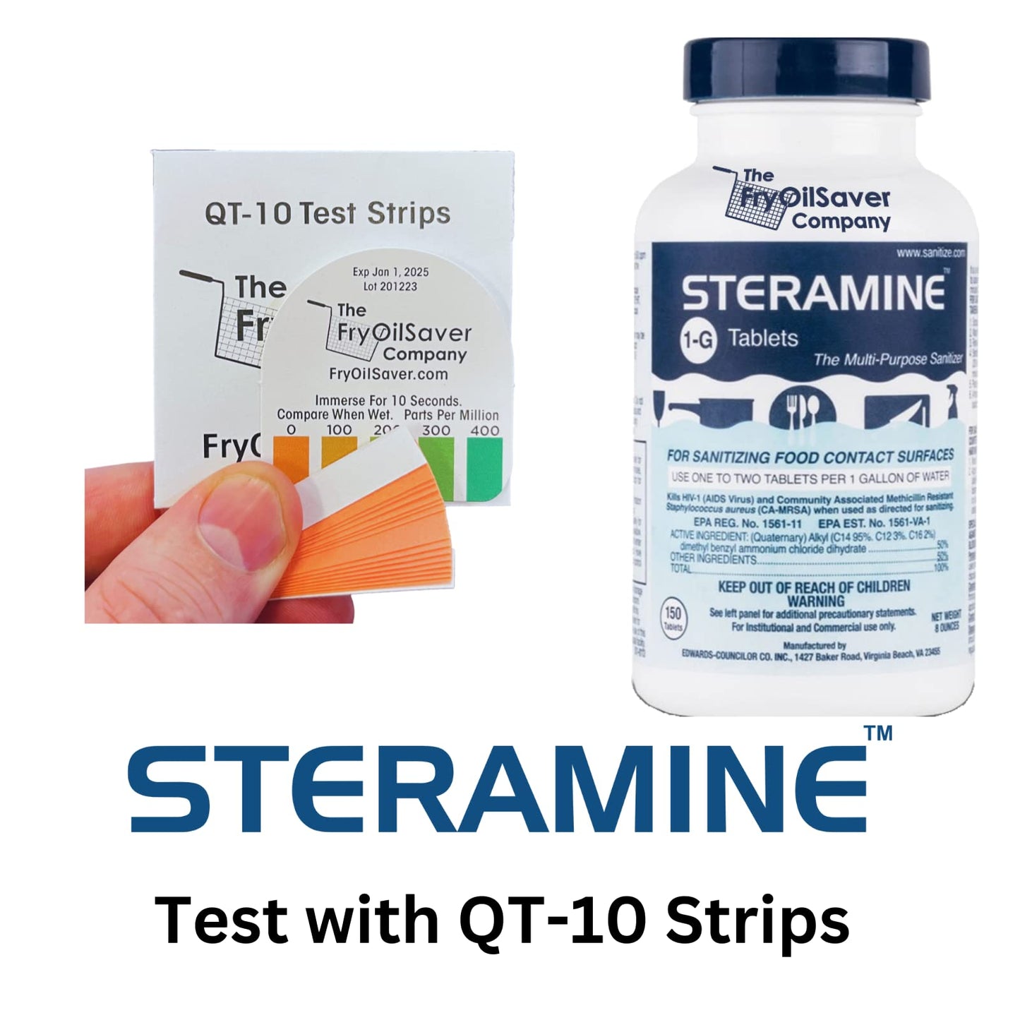 1 Bottle Steramine Sanitizer Tablets w/15x QT-10 Test Strips - Multi Purpose Steramine Sanitizing Tablets for Food Contact Surface, Kitchen, Restaurant & Commercial Use by FryOilSaver (150 Count)